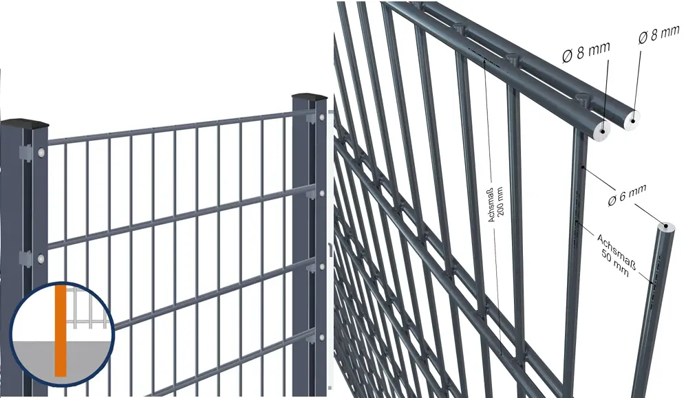 High-security 8/6/8 fence system: mesh panels with sturdy posts. A close-up of a fence section with solid posts and mesh panels that demonstrate the robustness and quality of the KASTROX system.