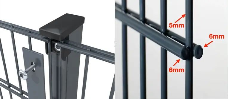 Standard 6/5/6 fence system: mesh panels with stable posts. A close-up of a fence section with solid posts and mesh panels that highlight the durability and quality of the KASTROX system.